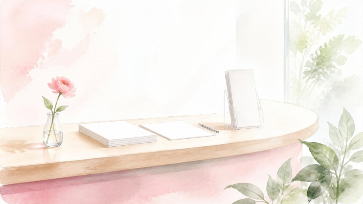 相談窓口のカウンターに置かれた書類と一輪の花の水彩イラスト
