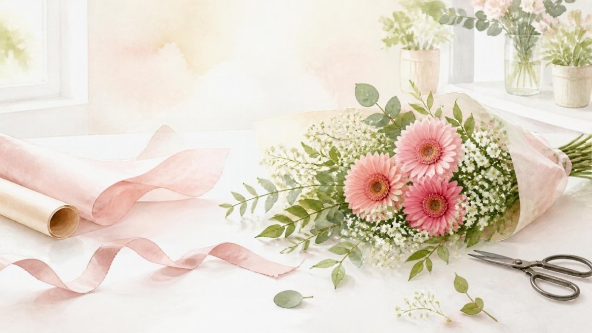 作業台に置かれたピンクのガーベラとかすみ草の花束、リボンとはさみの水彩イラスト