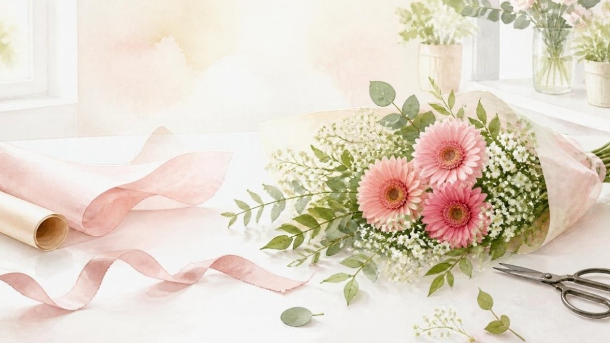 切り花を長持ちさせるコツの挿絵（水彩風のお花と小物のイラスト）
