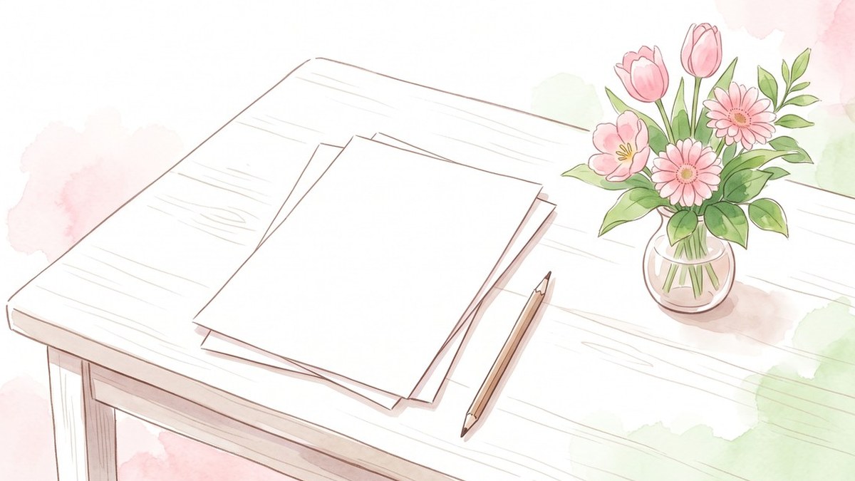 白い机の上に、紙と鉛筆、ピンクのチューリップとガーベラを生けた花瓶がある水彩風のイラスト
