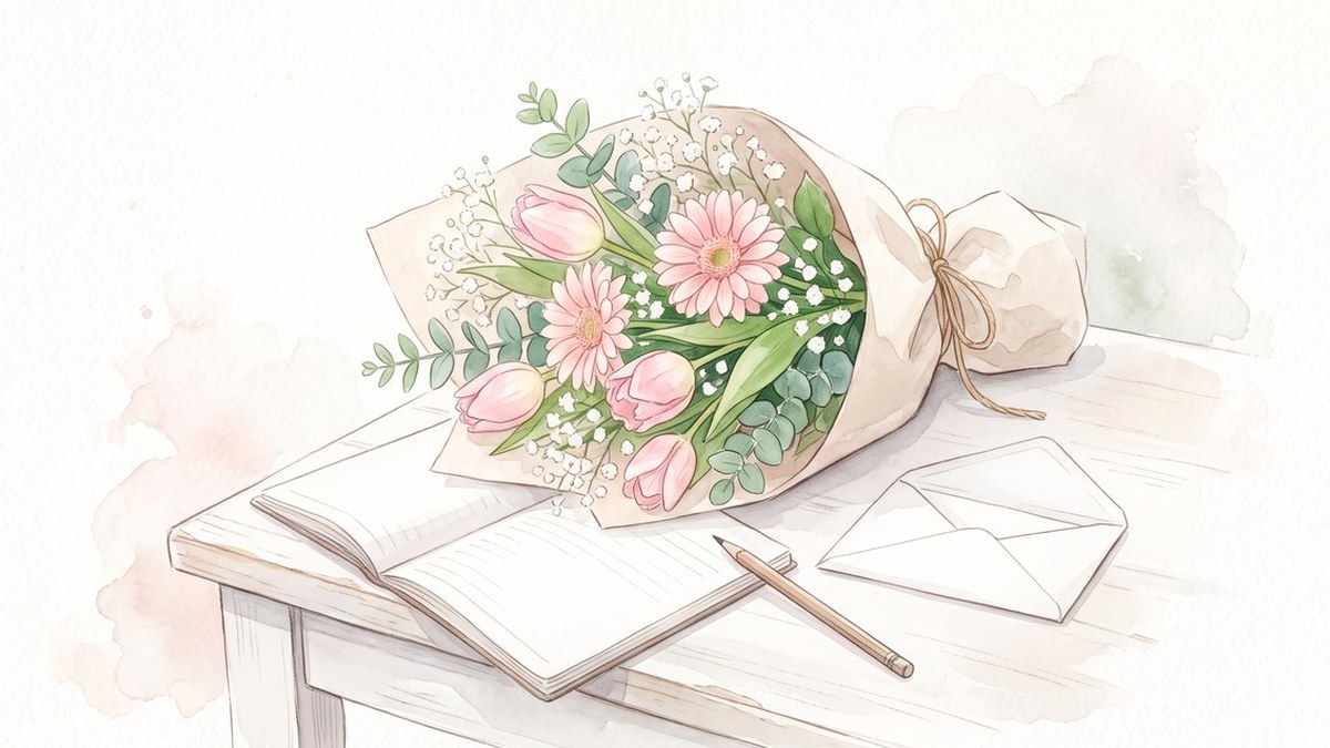 紙で包んだ花束と、開いたノート、鉛筆、封筒が白い机に置かれた水彩イラスト